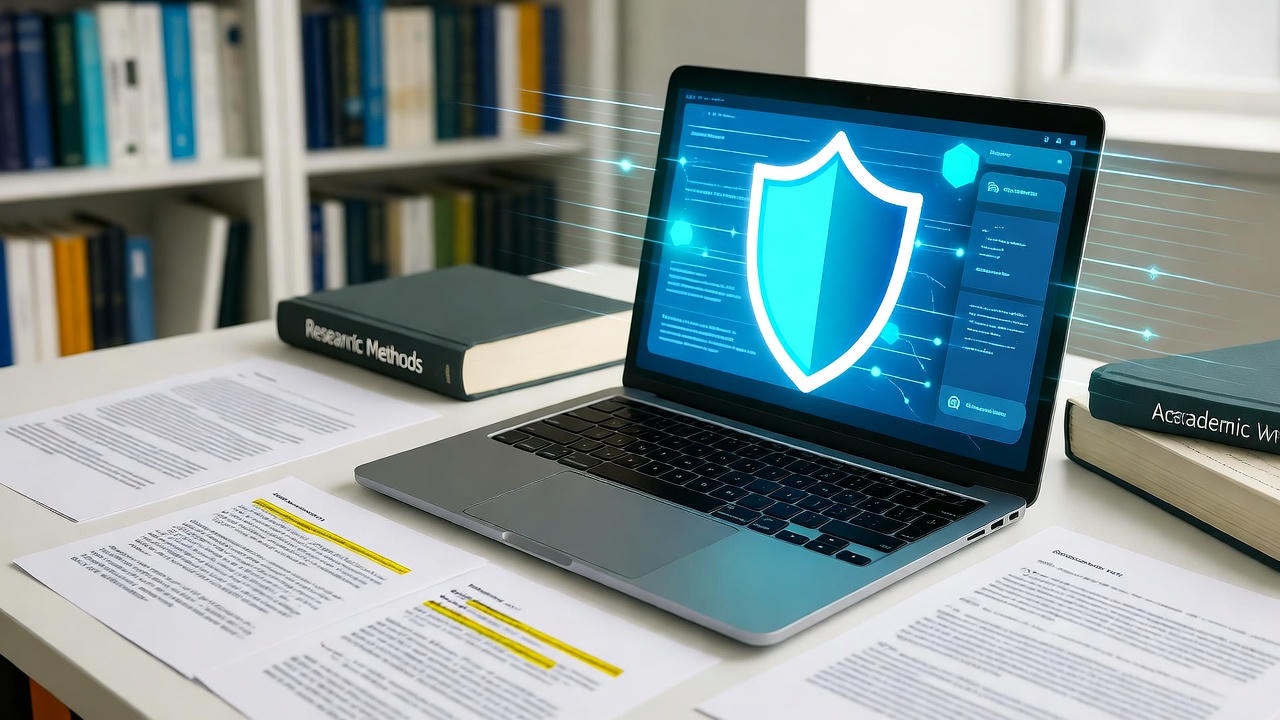 Laptop displaying a glowing digital security shield icon on the screen, symbolizing data protection and cybersecurity, placed on a desk with academic books titled “Research Methods” and “Academic Writing,” along with printed research papers and study notes in a bright study room or library setting.